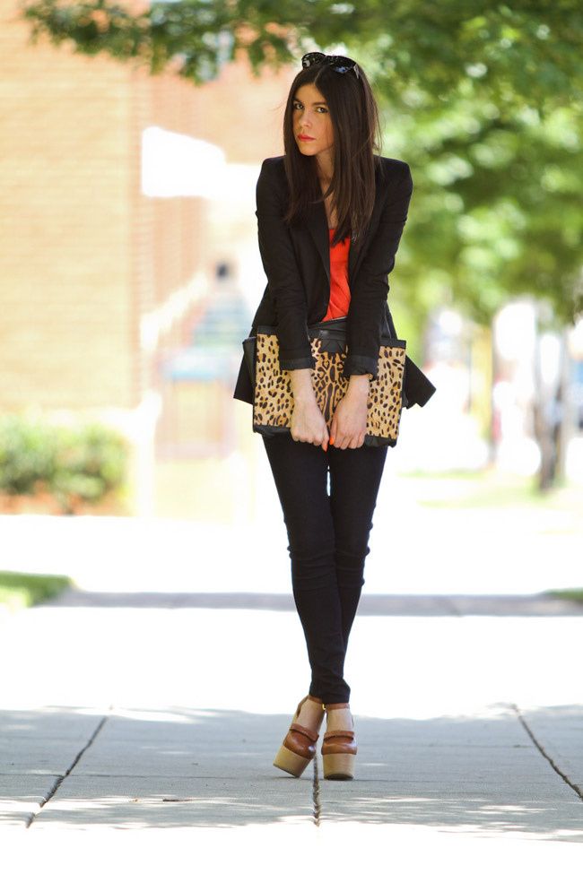 Neon Orange Fashion, Black Orchid Skinny Jeans, Black Blazer, Marc Jacobs Gold Watch, Leopard Print Clutch bag, Opening Ceremony Chloe Sevigny Mary Janes