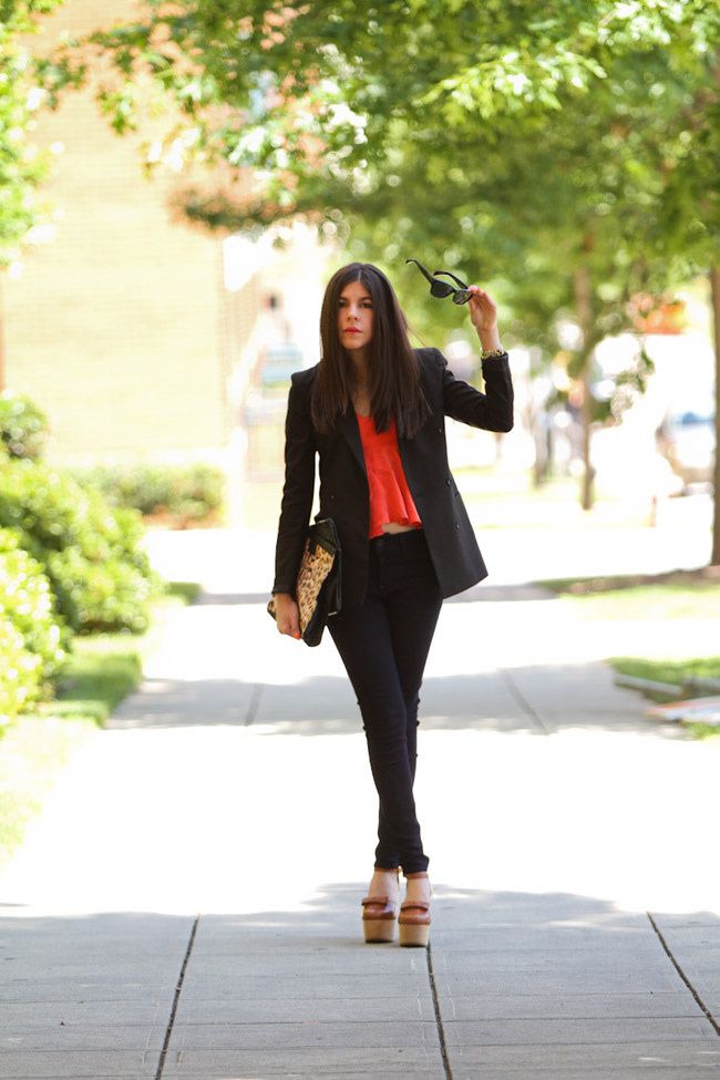 Neon Orange Fashion, Black Orchid Skinny Jeans, Black Blazer, Marc Jacobs Gold Watch, Leopard Print Clutch bag, Opening Ceremony Chloe Sevigny Mary Janes