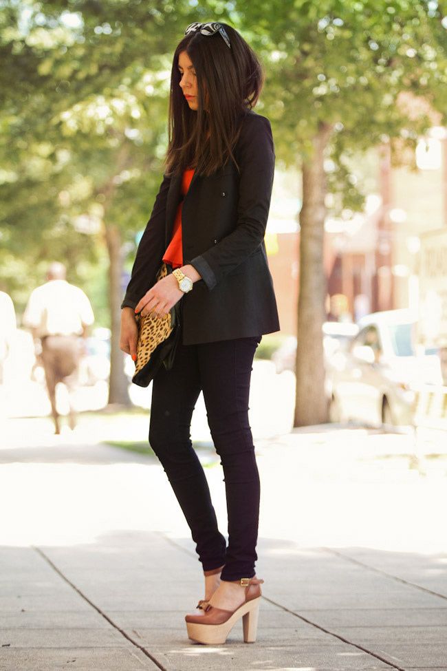 Neon Orange Fashion, Black Orchid Skinny Jeans, Black Blazer, Marc Jacobs Gold Watch, Leopard Print Clutch bag, Opening Ceremony Chloe Sevigny Mary Janes