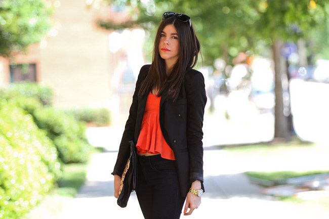 Neon Orange Fashion, Black Orchid Skinny Jeans, Black Blazer, Marc Jacobs Gold Watch, Leopard Print Clutch bag, Opening Ceremony Chloe Sevigny Mary Janes