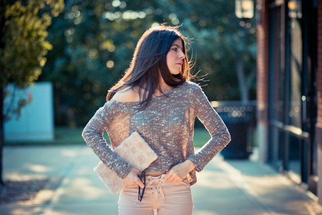 Minkpink Nevermind Jumper, Christian Louboutin Pigalle 120 Patent Pumps, Asos Lace-Up Pink Jeans, HM rosette clutch