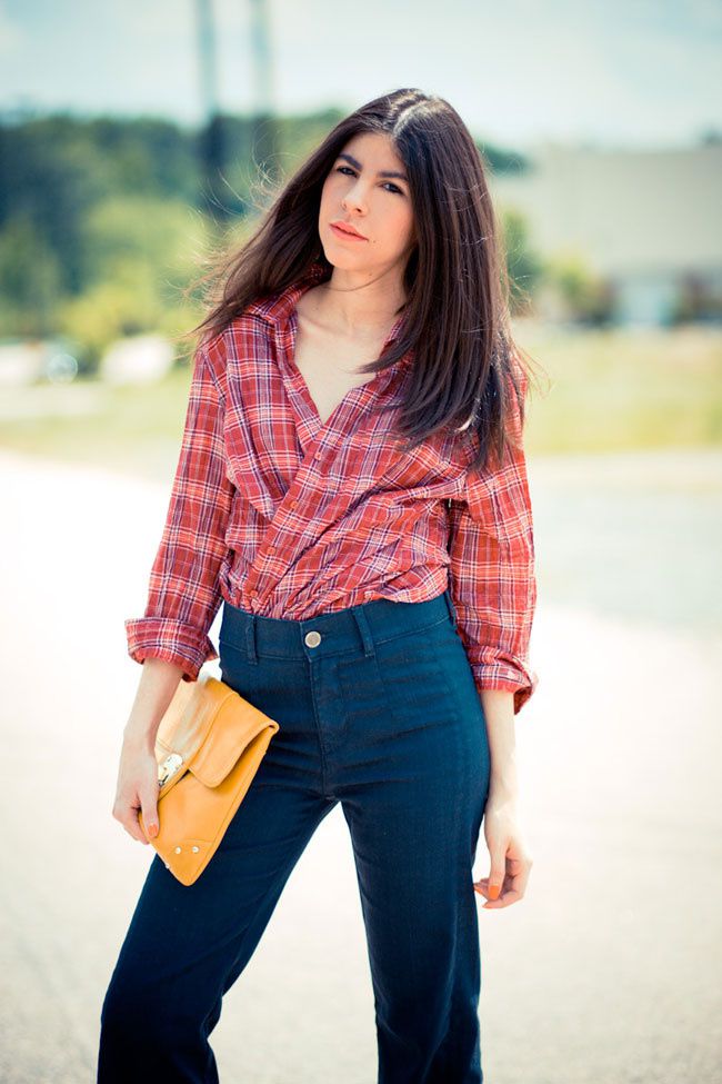 Bell Bottom Jeans, Wide Leg Jeans, Flare Jeans, Red Plaid Shirt, Asos Yellow clutch, Fashion