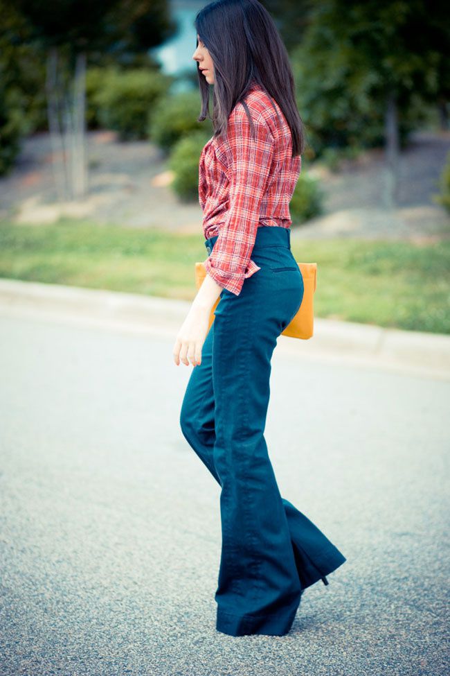 Bell Bottom Jeans, Wide Leg Jeans, Flare Jeans, Red Plaid Shirt, Asos Yellow clutch, Fashion