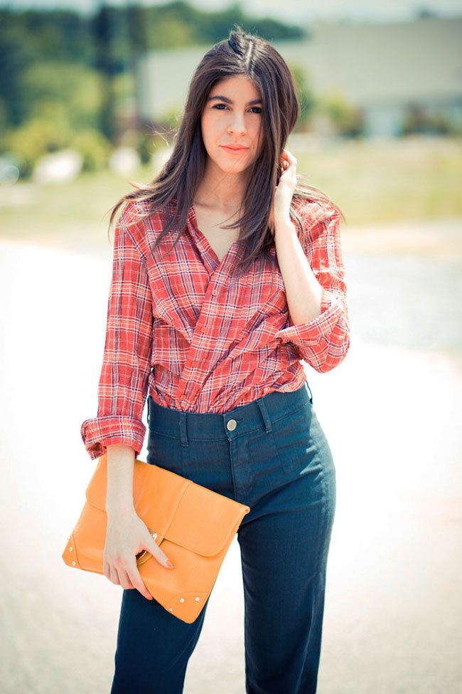 Bell Bottom Jeans, Wide Leg Jeans, Flare Jeans, Red Plaid Shirt, Asos Yellow clutch, Fashion