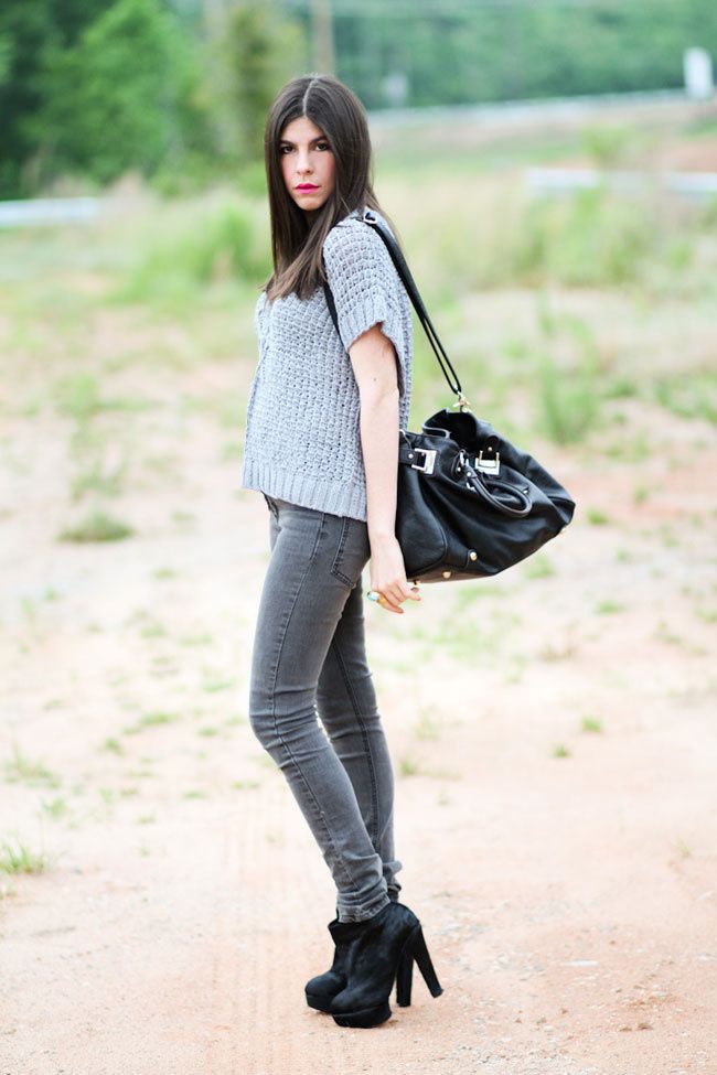 Cheap Monday Skinny Jeans, Chunky Cable Knit Sweater, Senso Pony Hair ankle boots, Paddington leather bag