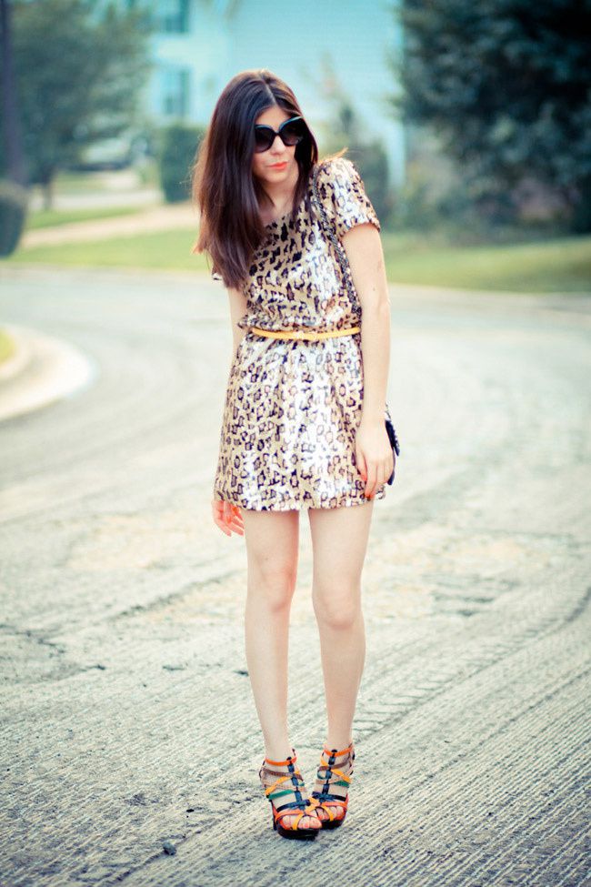 Sequin Leopard Print dress, French Connection UK Style, Asos yellow belt, Color block sandals, Fashion, Outfit, Mini dress