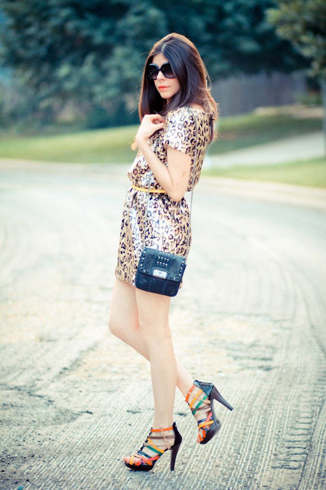 Sequin Leopard Print dress, French Connection UK Style, Asos yellow belt, Color block sandals, Fashion, Outfit, Mini dress