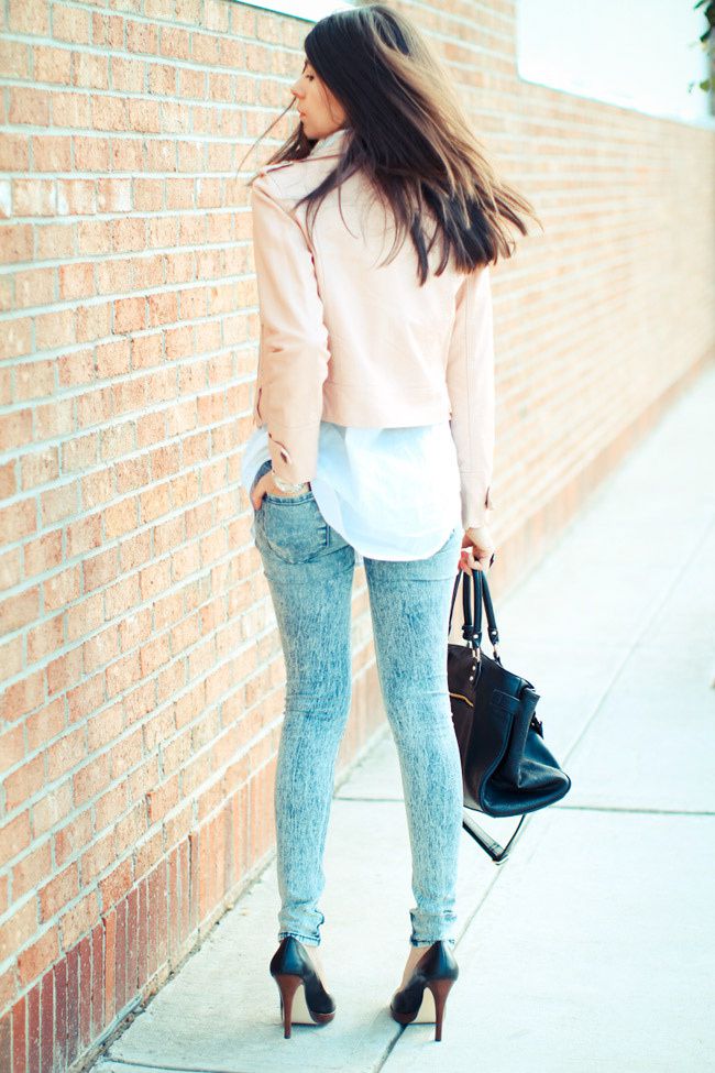 Pink Leather Jacket, Acid Wash Skinny Jeans, Urban Outfitters BDG, Nine West Heels, Paddington bag, Fashion, outfit