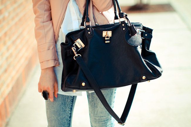 Pink Leather Jacket, Acid Wash Skinny Jeans, Urban Outfitters BDG, Nine West Heels, Paddington bag, Fashion, outfit