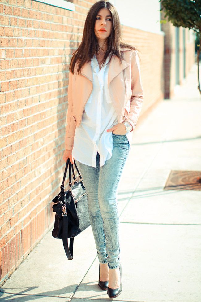 Pink Leather Jacket, Acid Wash Skinny Jeans, Urban Outfitters BDG, Nine West Heels, Paddington bag, Fashion, outfit