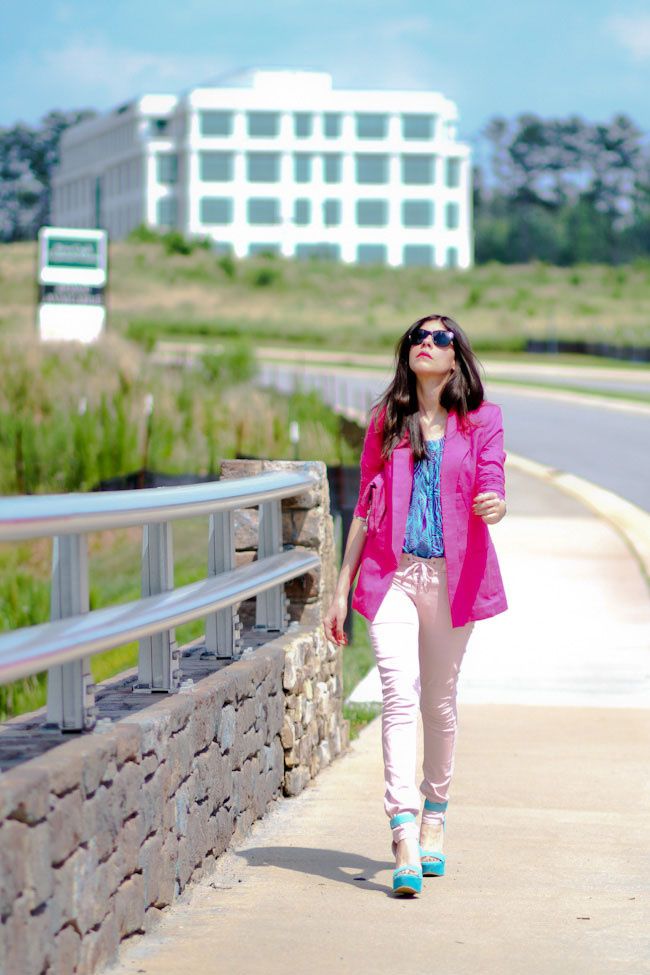 Asos pink lace-up jeans, Hot Pink blazer, Jeffrey Campbell Shy Town wedges, Isabel Marant jeans, Fashion outfit, turquoise horn necklace
