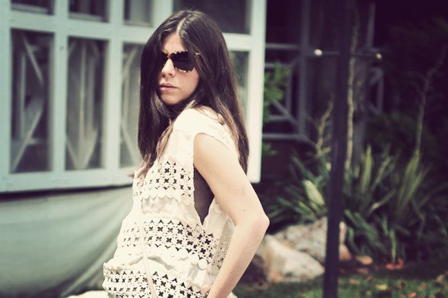 Crochet Top, Karen Walker sunglasses, Notti Espadrille wedges, Bongo denim skirt, Fashion Outfit