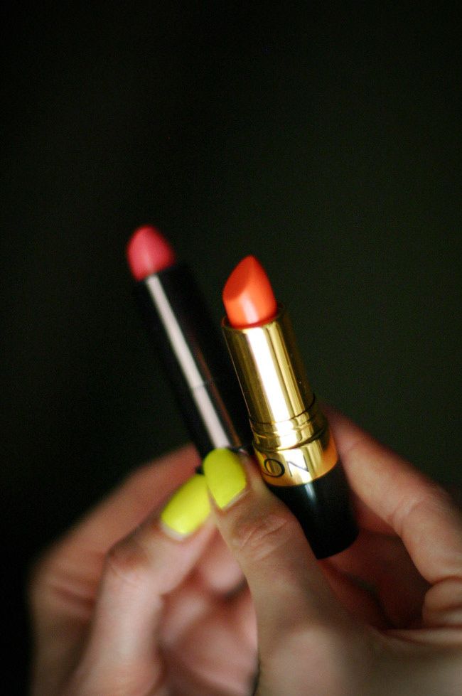 Cover Girl's Lip Perfection Lipstick in Fairy Tale, Revlon Lipstick in Siren, Neon nail polish