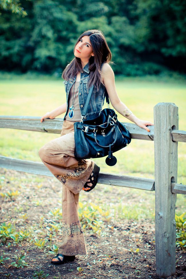 Palazzo pants, Fashion outfit, Guess denim vest, Ann Taylor Loft gold cuff jewelry, Paddington bag, Wedges