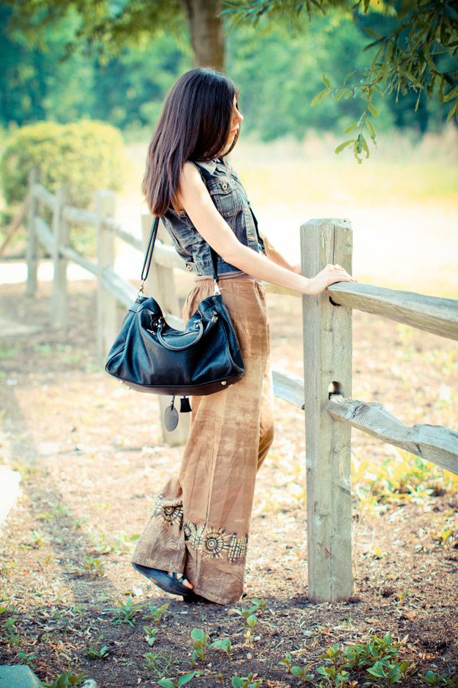 Palazzo pants, Fashion outfit, Guess denim vest, Ann Taylor Loft gold cuff jewelry, Paddington bag, Wedges