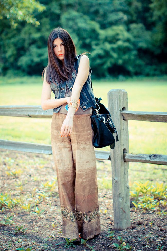 Palazzo pants, Fashion outfit, Guess denim vest, Ann Taylor Loft gold cuff jewelry, Paddington bag, Wedges