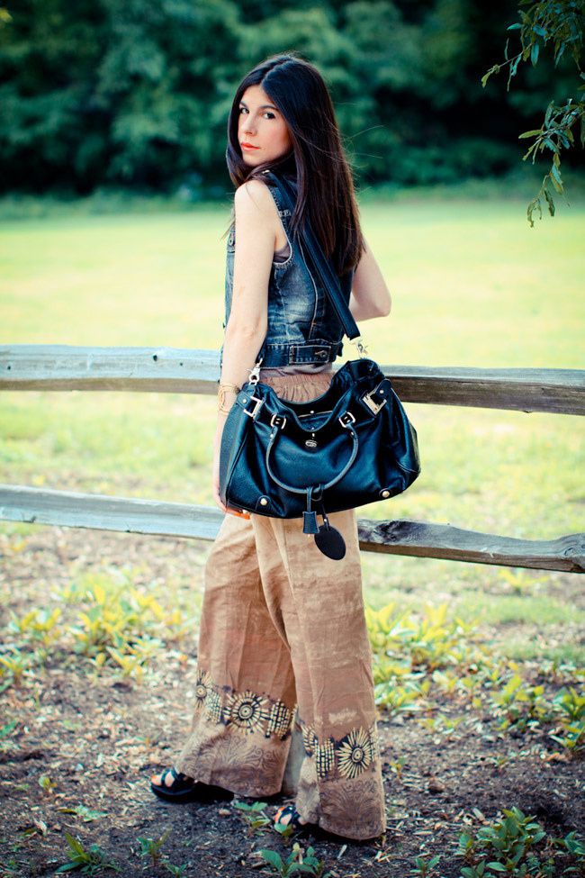 Palazzo pants, Fashion outfit, Guess denim vest, Ann Taylor Loft gold cuff jewelry, Paddington bag, Wedges