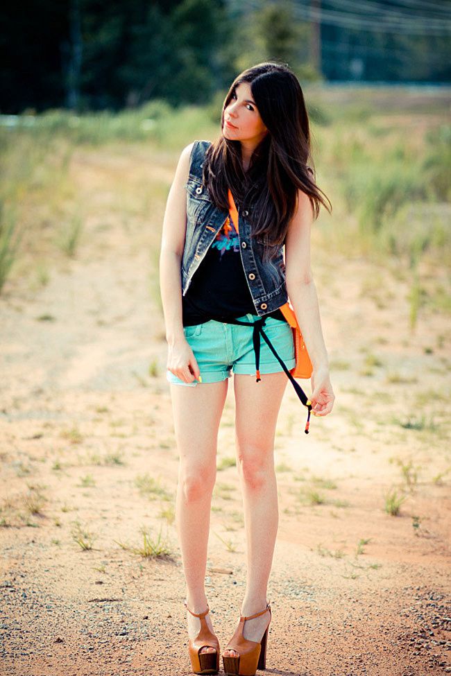 Cambridge Leather neon satchel, Neon nails, Jessica Simpson Dany platforms, Outfit, Fashion, Guess denim vest