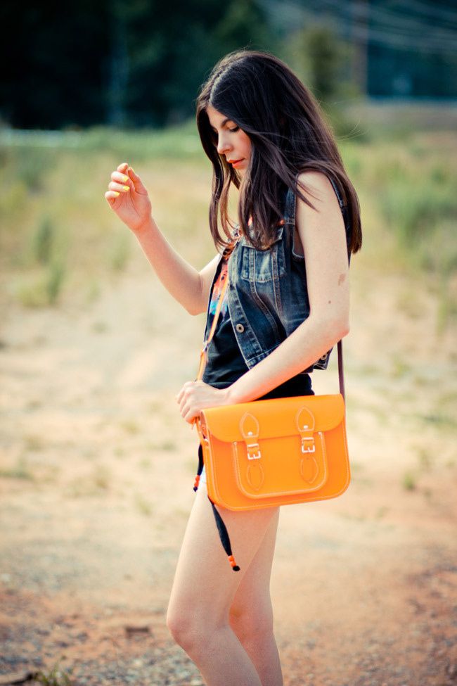Cambridge Leather neon satchel, Neon nails, Jessica Simpson Dany platforms, Outfit, Fashion, Guess denim vest