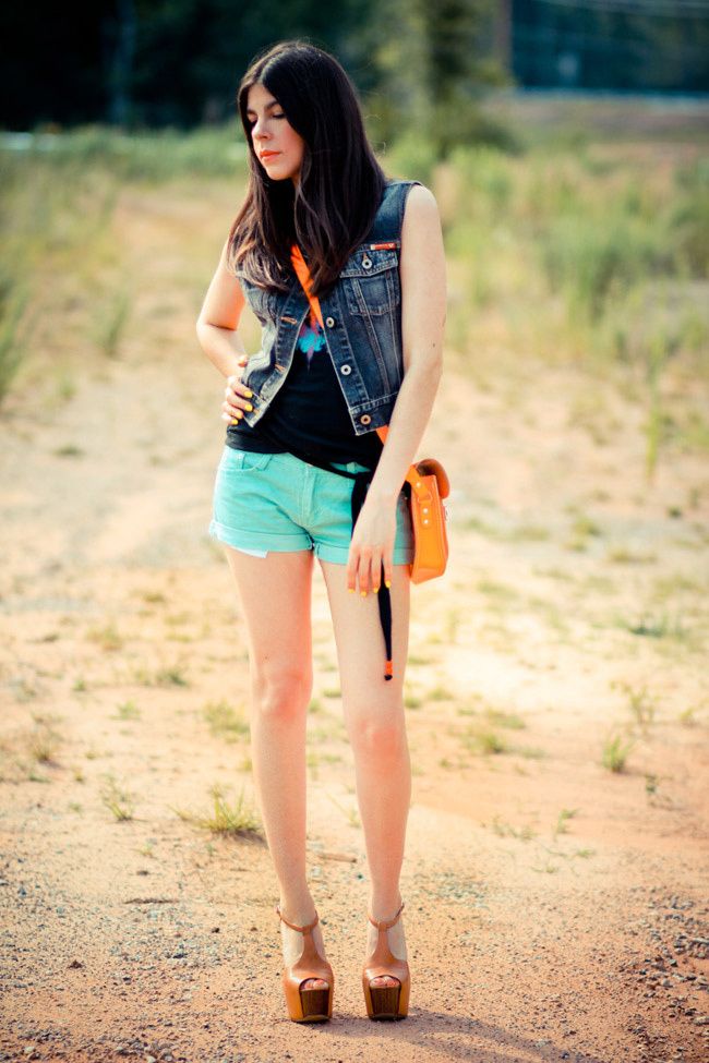Cambridge Leather neon satchel, Neon nails, Jessica Simpson Dany platforms, Outfit, Fashion, Guess denim vest