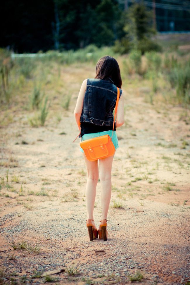 Cambridge Leather neon satchel, Neon nails, Jessica Simpson Dany platforms, Outfit, Fashion, Guess denim vest
