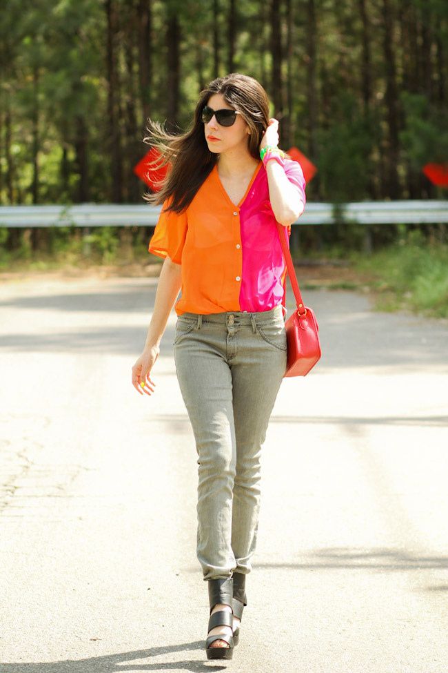 Color Block, Color Blocking, Khaki Army Hudson skinny jeans, Strappy platform sandals, Red Kate bag, Minkpink sunglasses, Outfit, Fashion blog
