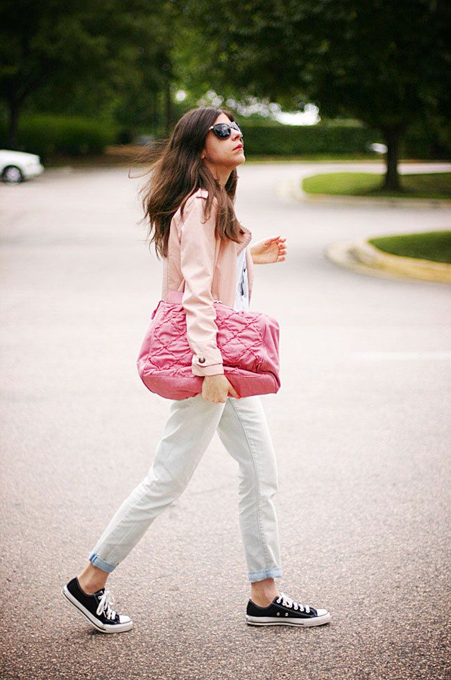 Pink leather jacket, Converse All Star Lo Top sneakers, Gap boyfriend jeans, Brashy Couture Tee, Fashion Outfit