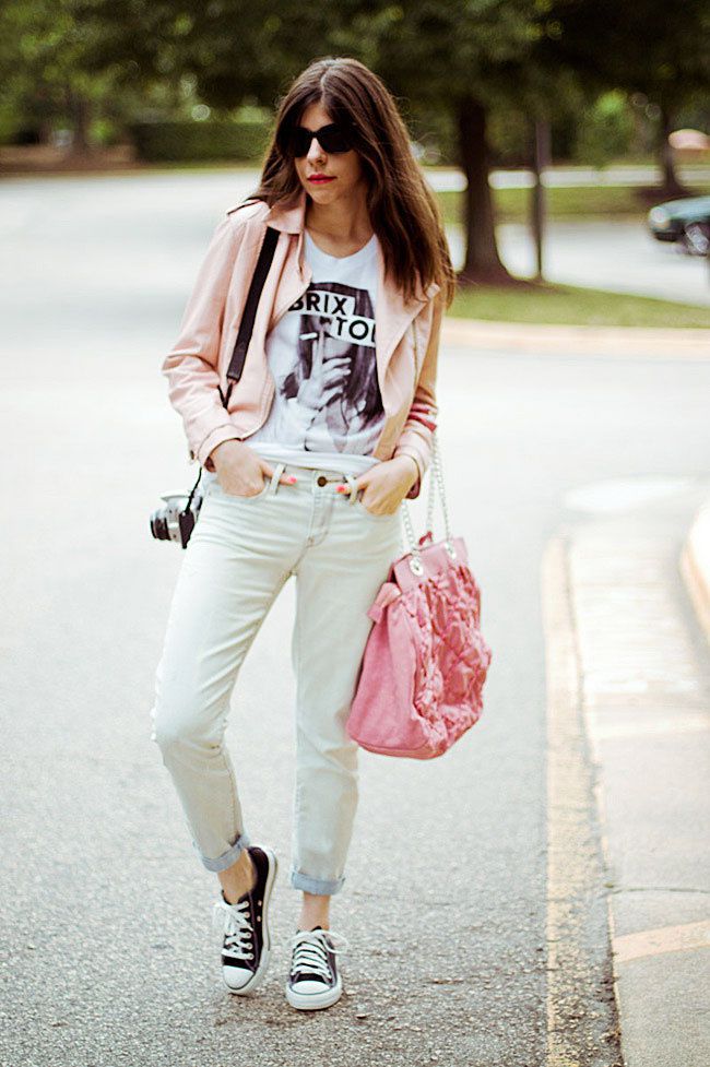 Pink leather jacket, Converse All Star Lo Top sneakers, Gap boyfriend jeans, Brashy Couture Tee, Fashion Outfit