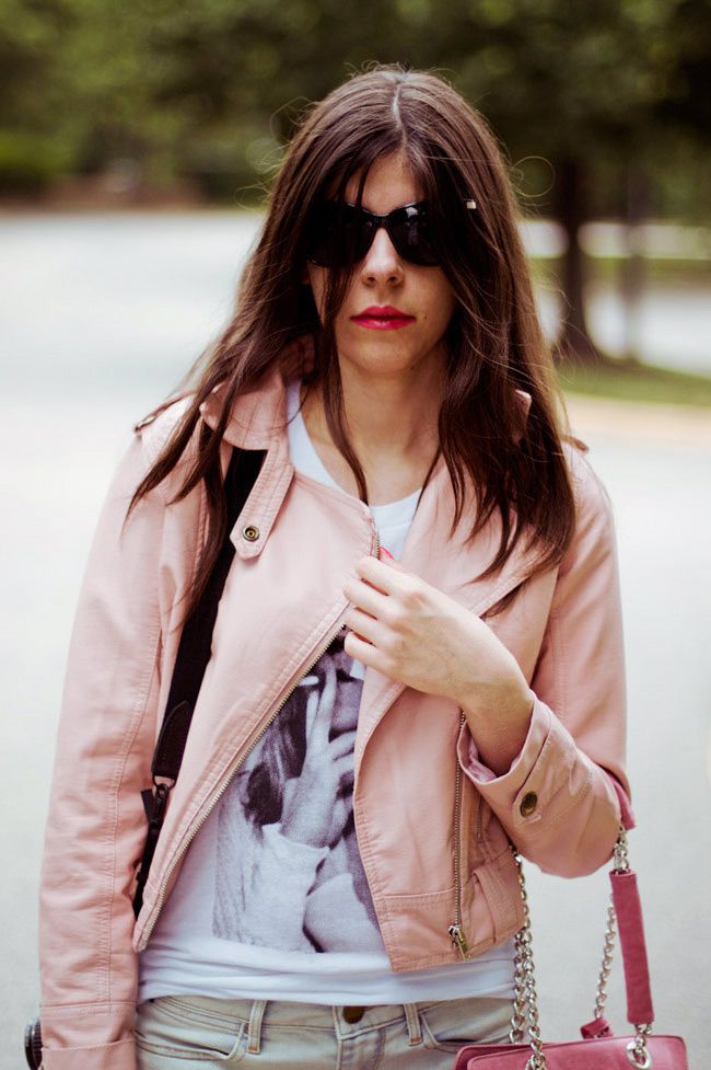 Pink leather jacket, Converse All Star Lo Top sneakers, Gap boyfriend jeans, Brashy Couture Tee, Fashion Outfit