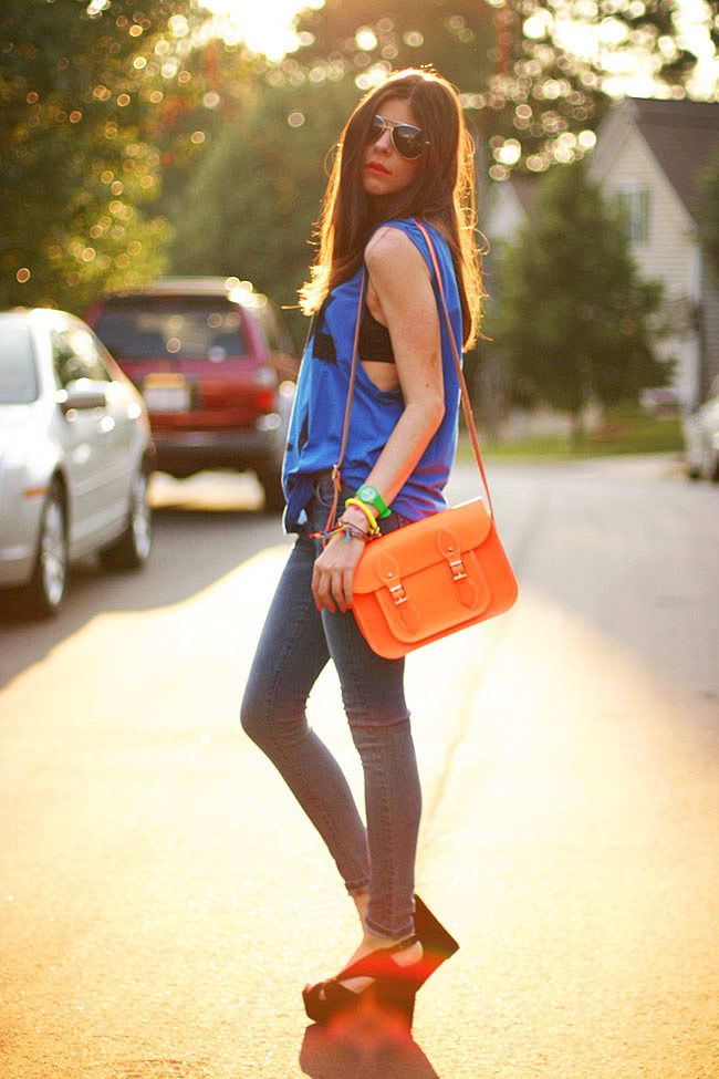 Cambridge Satchel Neon Flourescent bag, James Jeans Twiggy Karma, Friendship bracelets, Aviator Sunglasses, Fashion Outfit