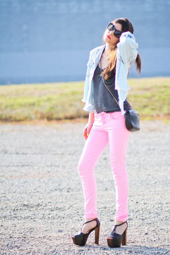 Neon Pink Skinny Jeans, Hot Pink, Fluorescent Fashion, Jessica Simpson Dany, Outfit, One Teaspoon Mickey Denim Shirt, Neon Nail Polish