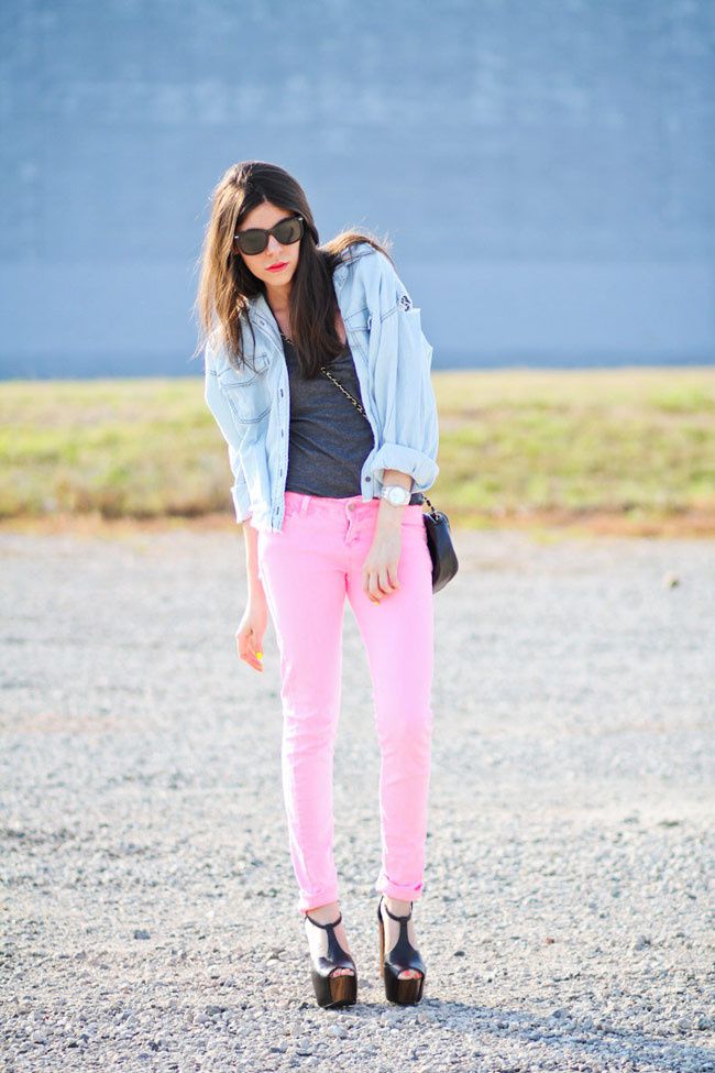 Neon Pink Skinny Jeans, Hot Pink, Fluorescent Fashion, Jessica Simpson Dany, Outfit, One Teaspoon Mickey Denim Shirt, Neon Nail Polish