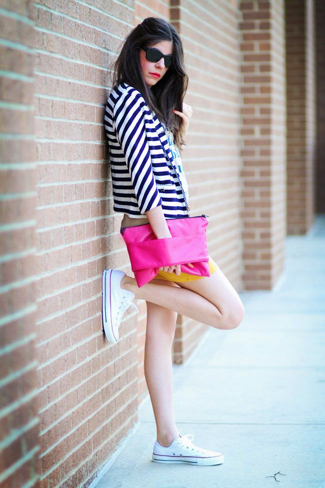 Stripes, Fashion Outfit, Bright Yellow Mini Skirt, Chuck Taylor Converse