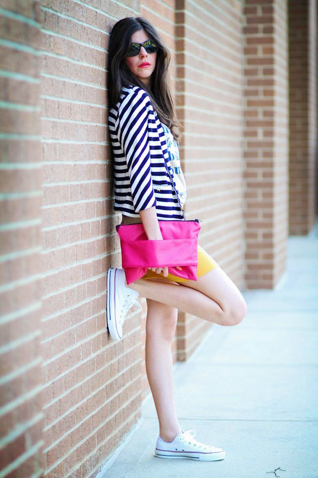 Stripes, Fashion Outfit, Bright Yellow Mini Skirt, Chuck Taylor Converse