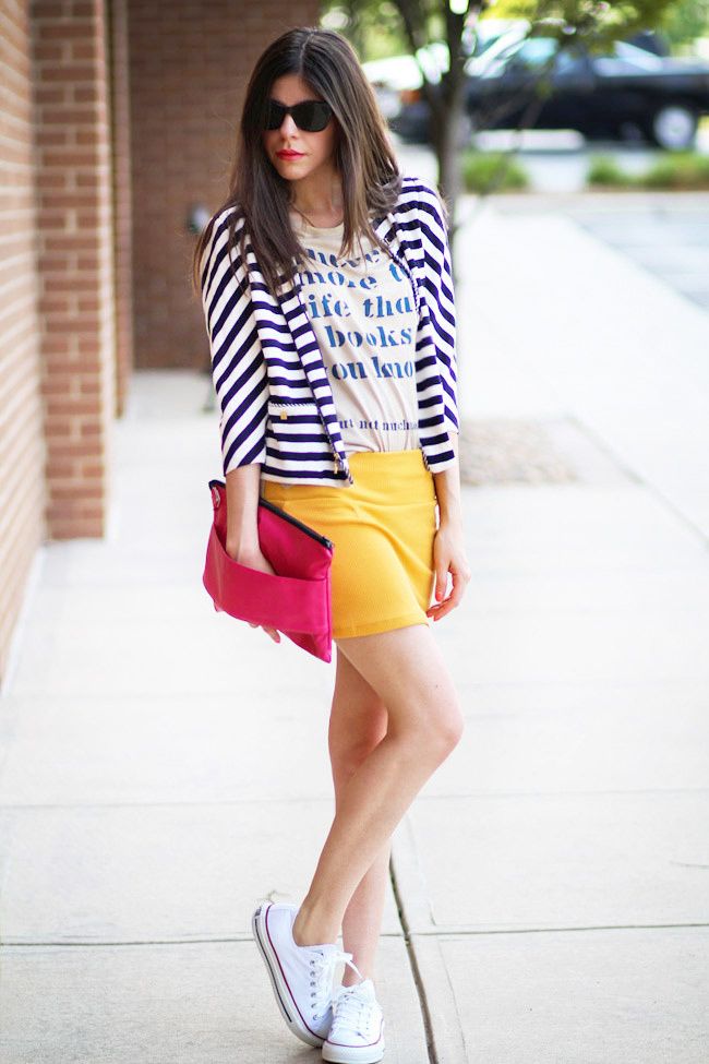 Stripes, Fashion Outfit, Bright Yellow Mini Skirt, Chuck Taylor Converse