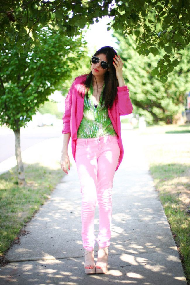 Neon Pink Skinny Jeans, Sequin vintage blouse, Fashion outfit, Ray ban aviators