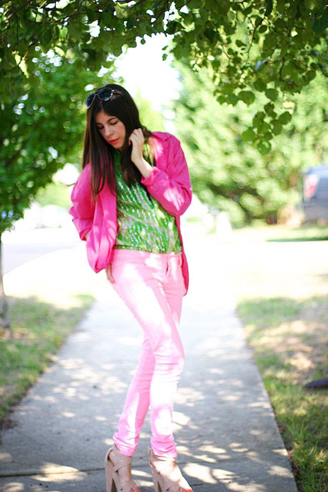 Neon Pink Skinny Jeans, Sequin vintage blouse, Fashion outfit, Ray ban aviators