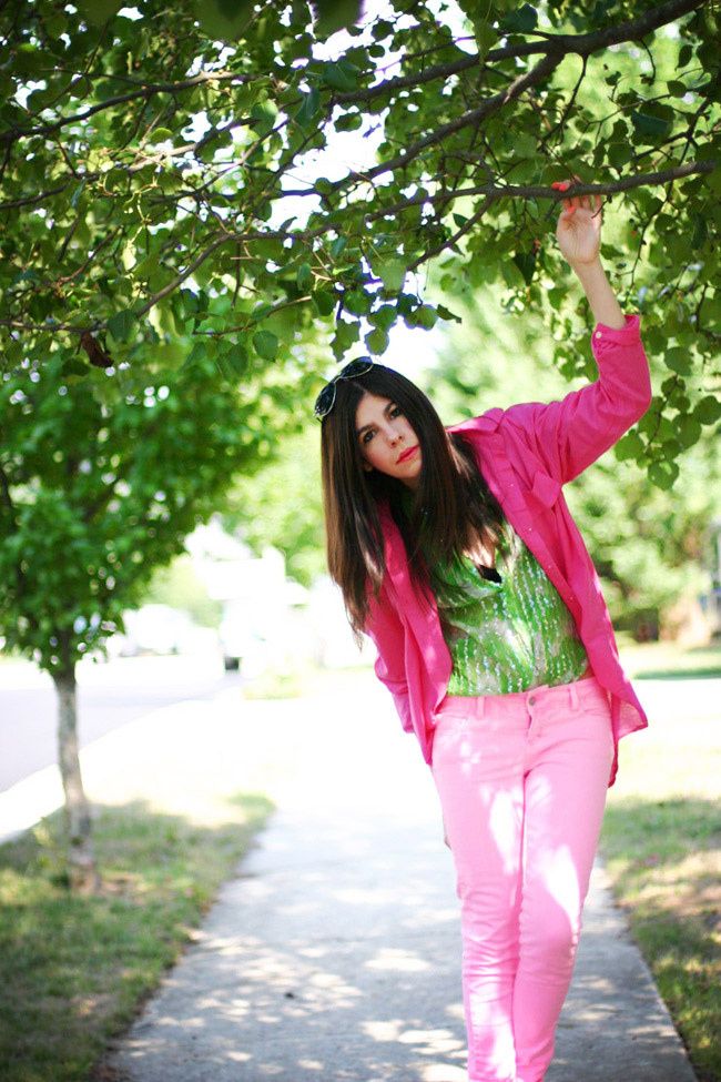 Neon Pink Skinny Jeans, Sequin vintage blouse, Fashion outfit, Ray ban aviators