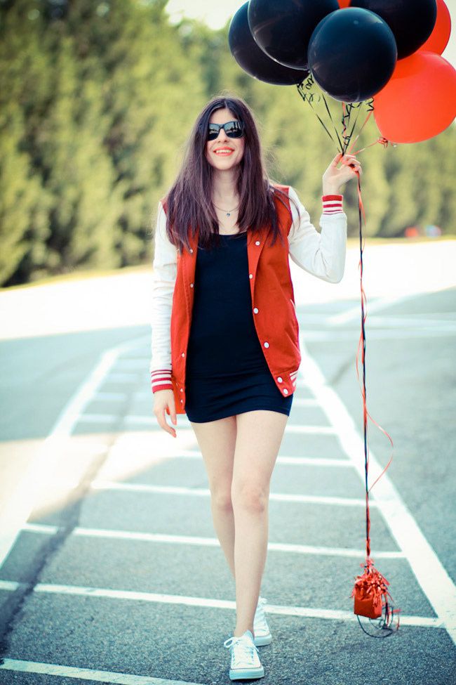 American Apparel Double-U Neck Mini Dress, Varsity Jacket, Asos, Chuck Taylor Converse, Fashion Outfit