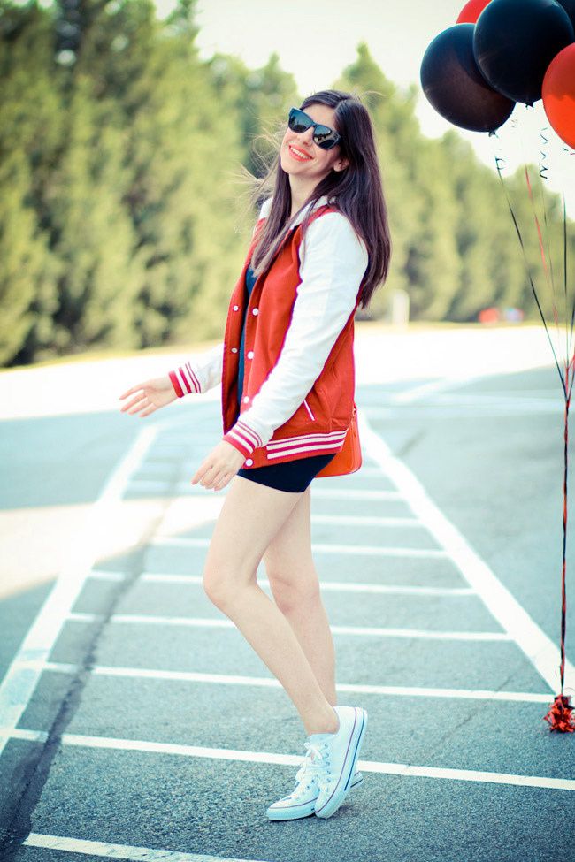 American Apparel Double-U Neck Mini Dress, Varsity Jacket, Asos, Chuck Taylor Converse, Fashion Outfit