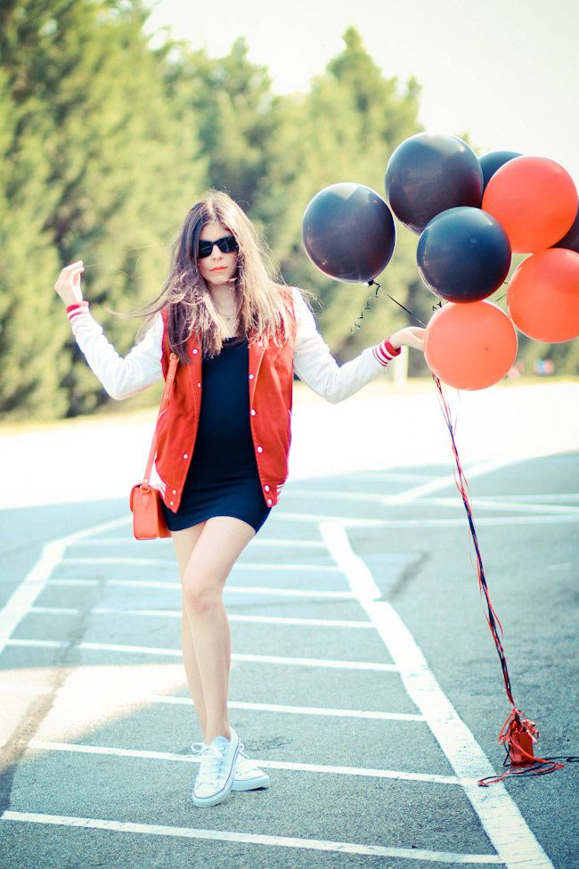 American Apparel Double-U Neck Mini Dress, Varsity Jacket, Asos, Chuck Taylor Converse, Fashion Outfit