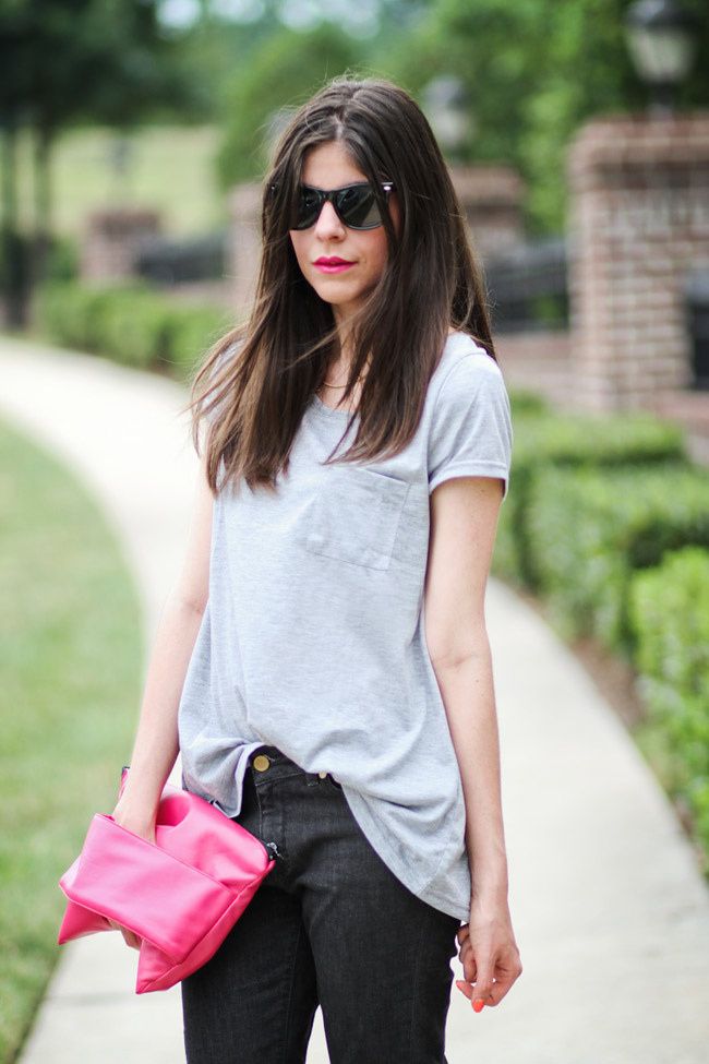 Hot Pink Nars Lipstick, Gray Pocket Tee, Skinny Jeans, Fashion Outfit