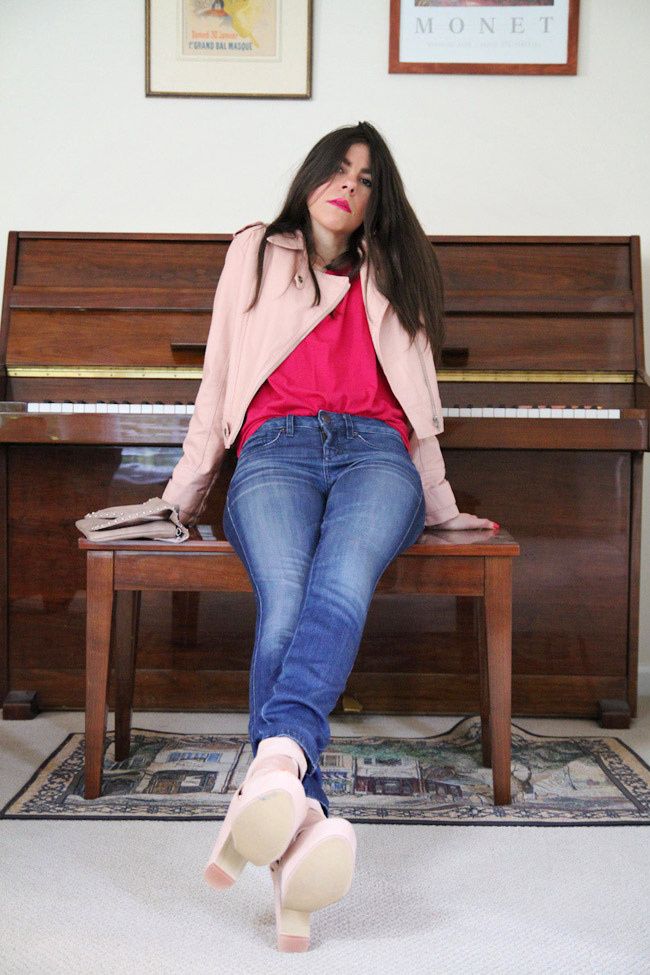Bebe skinny jeans, Pink Leather Jacket, Fashion Outfit, Ippolita turquoise ring