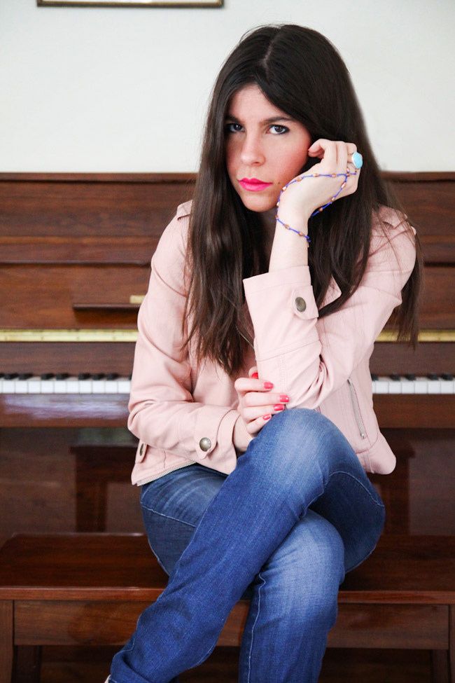 Bebe skinny jeans, Pink Leather Jacket, Fashion Outfit, Ippolita turquoise ring