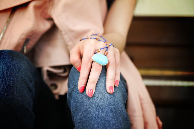 Bebe skinny jeans, Pink Leather Jacket, Fashion Outfit, Ippolita turquoise ring