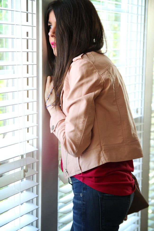 Bebe skinny jeans, Pink Leather Jacket, Fashion Outfit, Ippolita turquoise ring