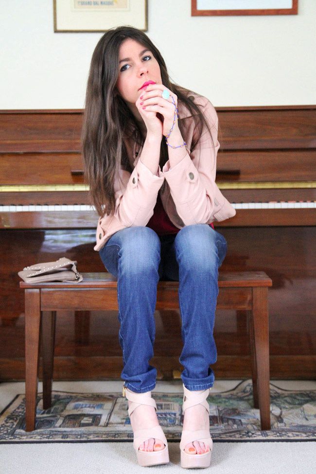 Bebe skinny jeans, Pink Leather Jacket, Fashion Outfit, Ippolita turquoise ring