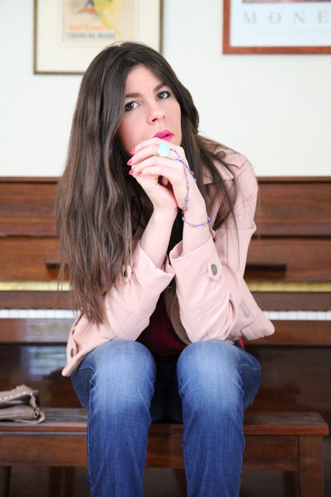 Bebe skinny jeans, Pink Leather Jacket, Fashion Outfit, Ippolita turquoise ring