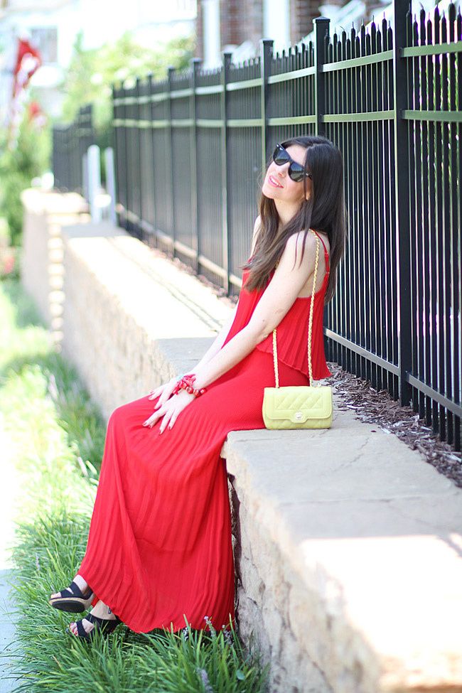Red Pleated Maxi Dress, Fashion Outfit, LAMB Gwen Stefani Heels, Chanel bag