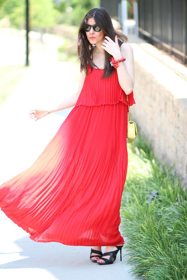 Red Pleated Maxi Dress, Fashion Outfit, LAMB Gwen Stefani Heels, Chanel bag
